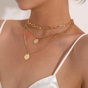 Ladies Gold Plated Triple Layer Coins Pendants Link Choker Chain Necklace Sets