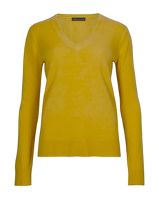 Ladies Mustard Pure Cotton Wide Ribbed V-Neck Jumpers