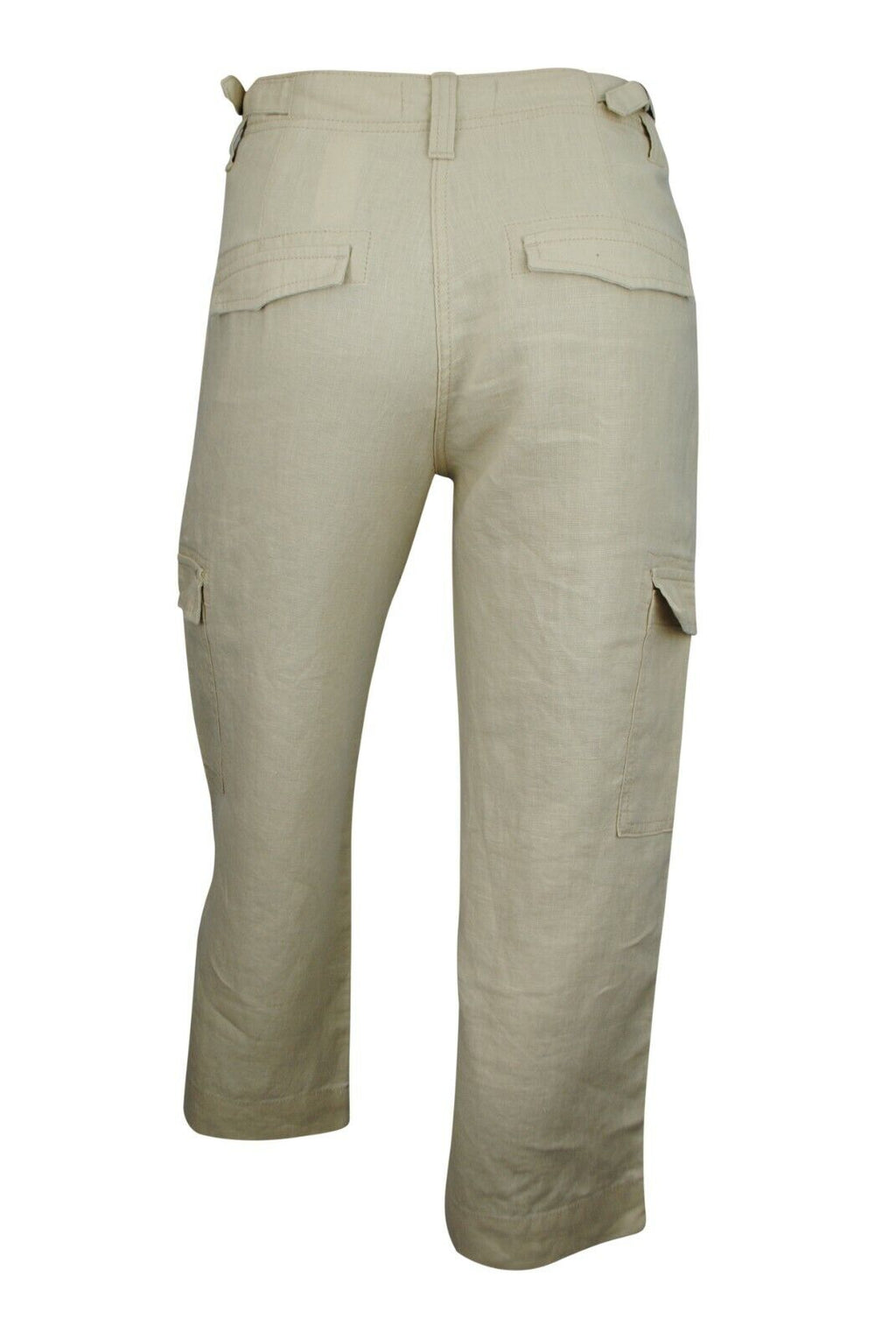 Ladies Beige Linen Cargo Carpri Crop Adjustable Waist Trousers