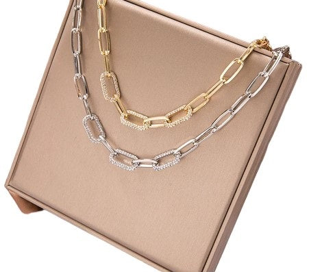 Ladies Gold Silver Thick Rectangular Link Chain Crystal Choker Necklace