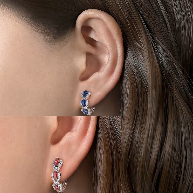 Ladies Girls Elegant Silver Huggie Round Blue Red Crystal Hoop Earrings