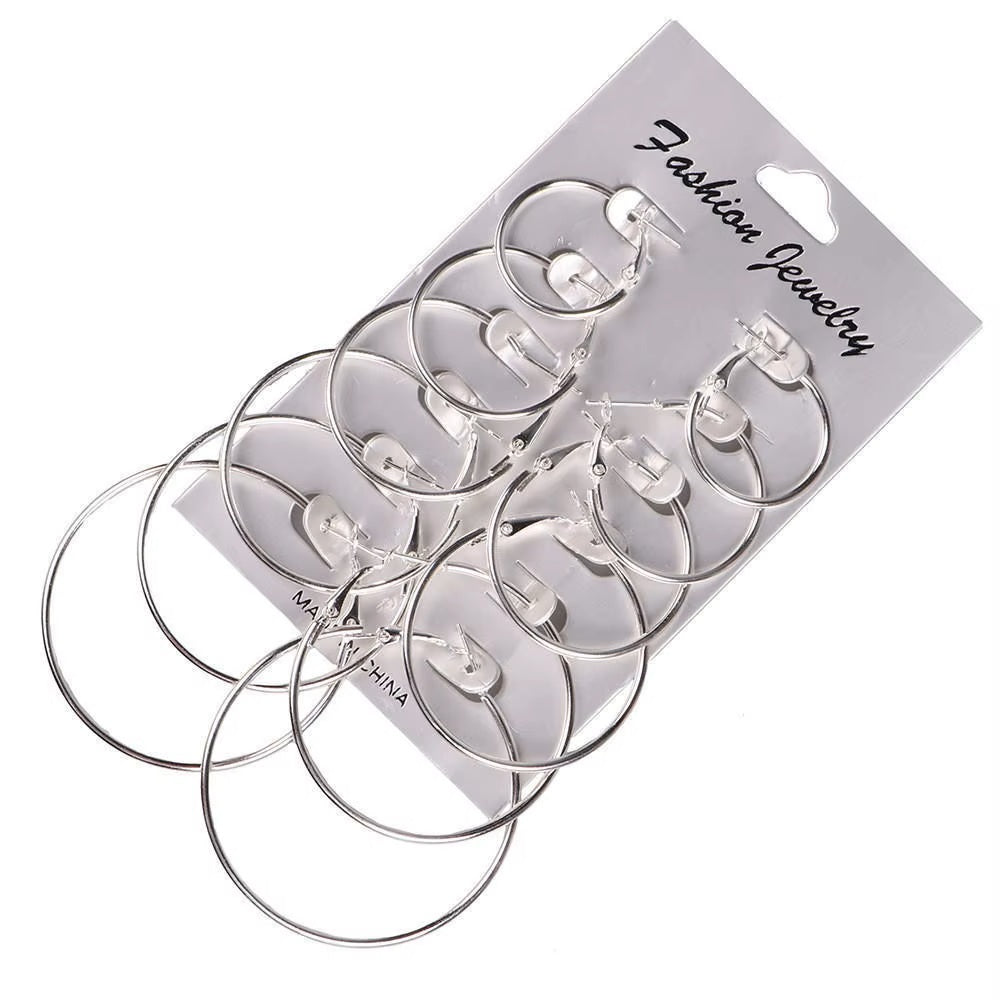 Ladies Girls Silver Round Smooth 6 Piece Hoop Earring Set