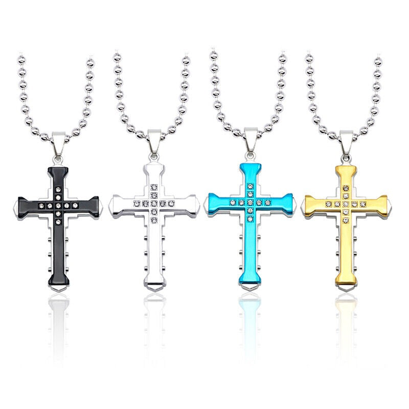 Ladies Mens Unisex Inlaid Crystal Cross Pendant Silver Long Link Chain Necklace