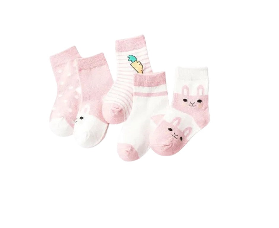 Girls Toddlers Pink Dot Stripe Bunny Carrot Character Print Soft 5PK Ankle Socks
