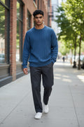 Mens Blue Ribbed Crew Neck Cotton Rich Knit Longsleeve Jumper