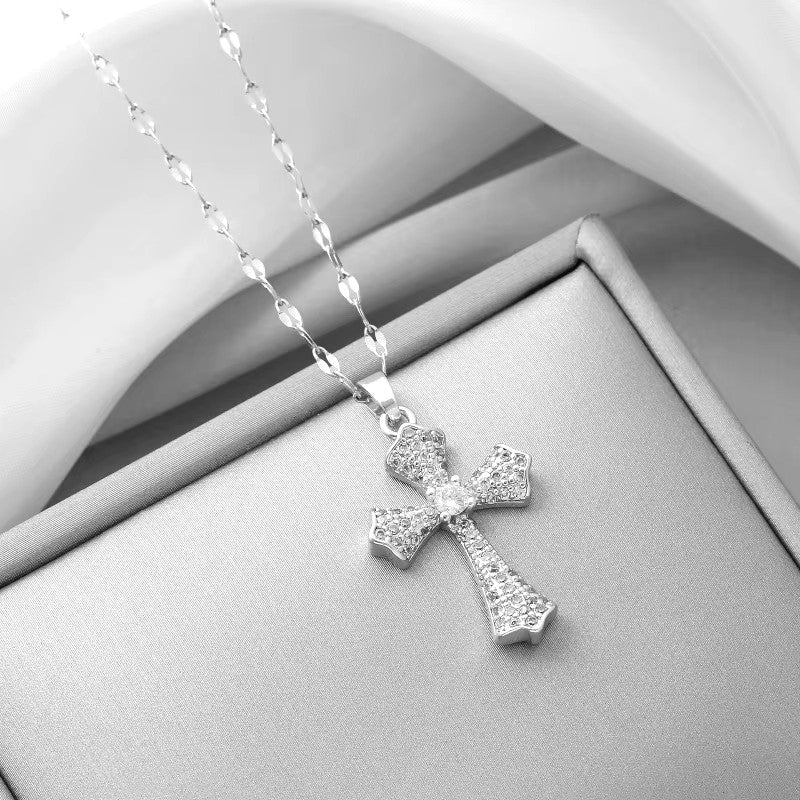 Unisex Ladies Mens Silver Geometric Cross Clavicle Crystal Pendant & Necklace