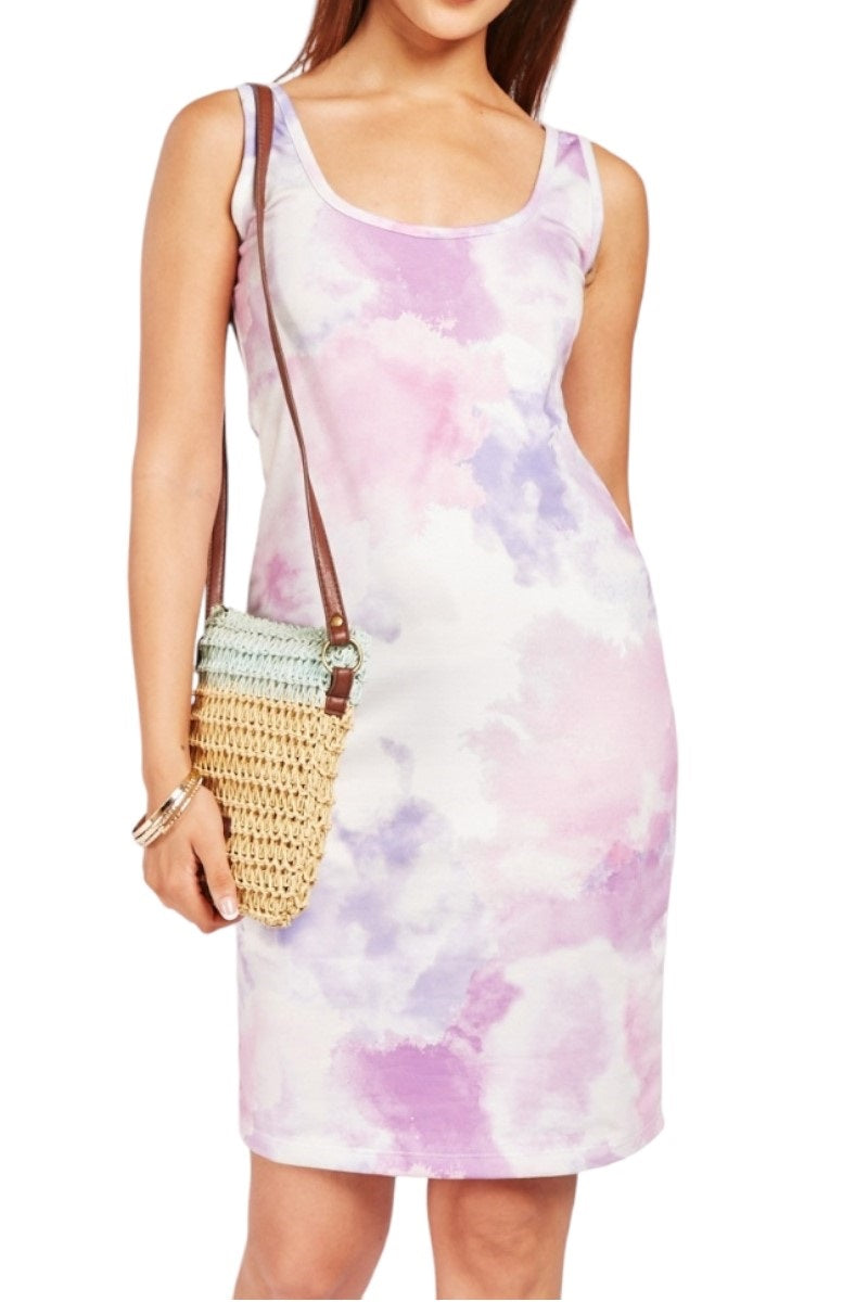 Ladies Pink Lilac Multi TieDye Cotton Sleeveless Mini Dress
