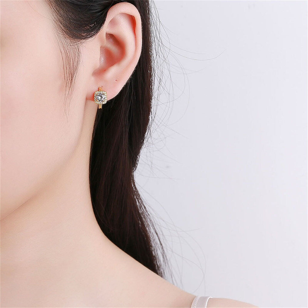 Ladies Girls Gold Small Square Shape Crystals Versatile Creole Earrings