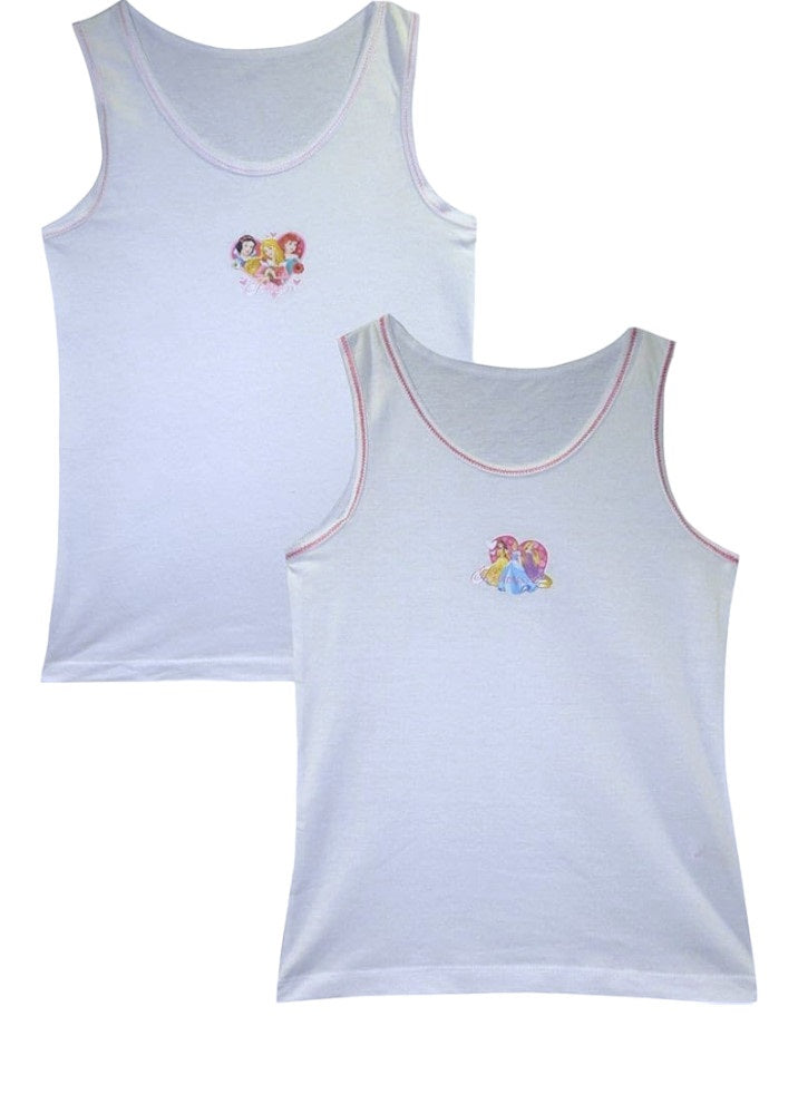 Girls Disney Princess White 2 Pack Soft Cotton Sleeveless Underwear Vests