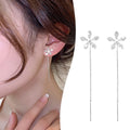 Ladies Silver Shiny Flower Rhinestone Ear Clip Thin Dangle Long Tassels Earrings