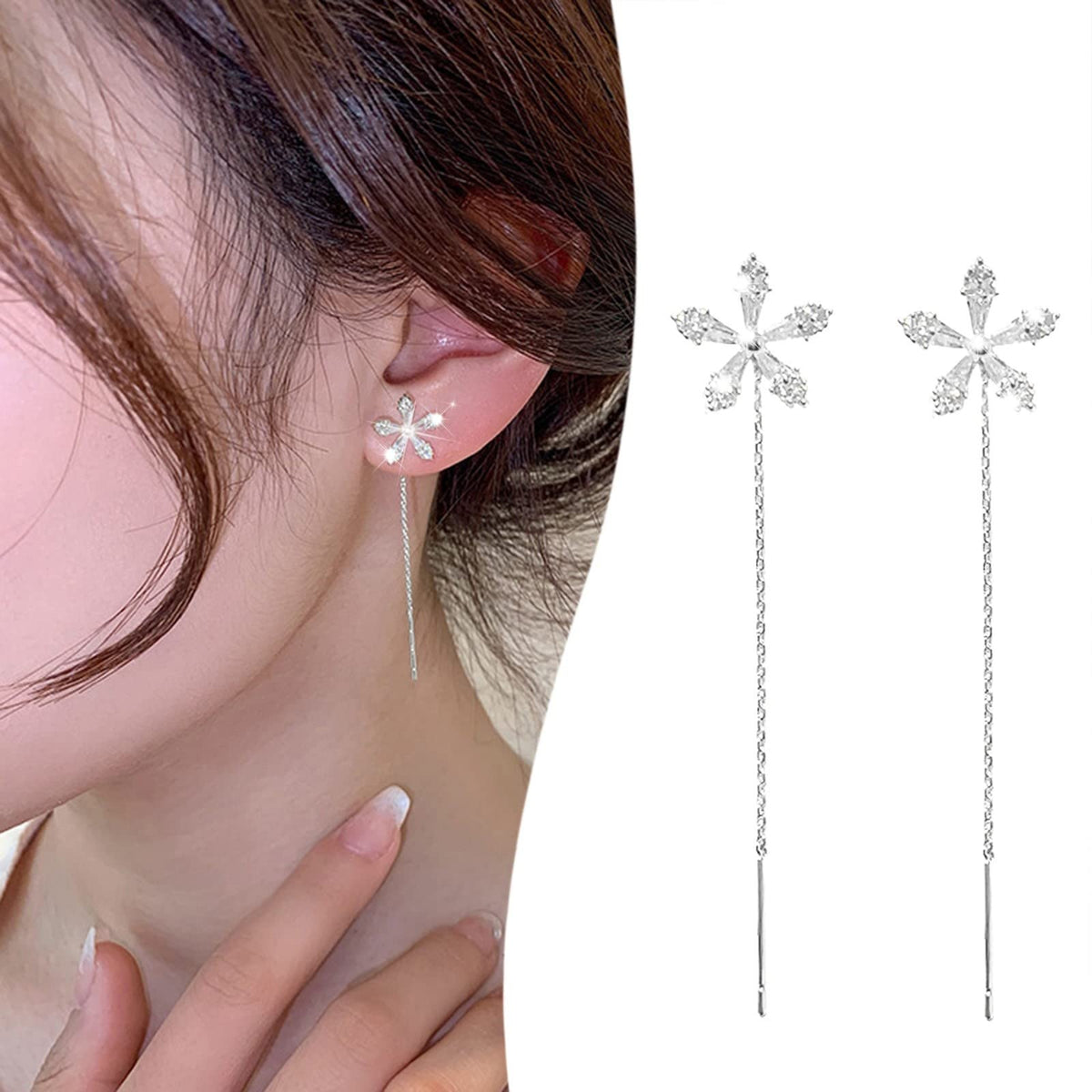 Ladies Silver Shiny Flower Rhinestone Ear Clip Thin Dangle Long Tassels Earrings