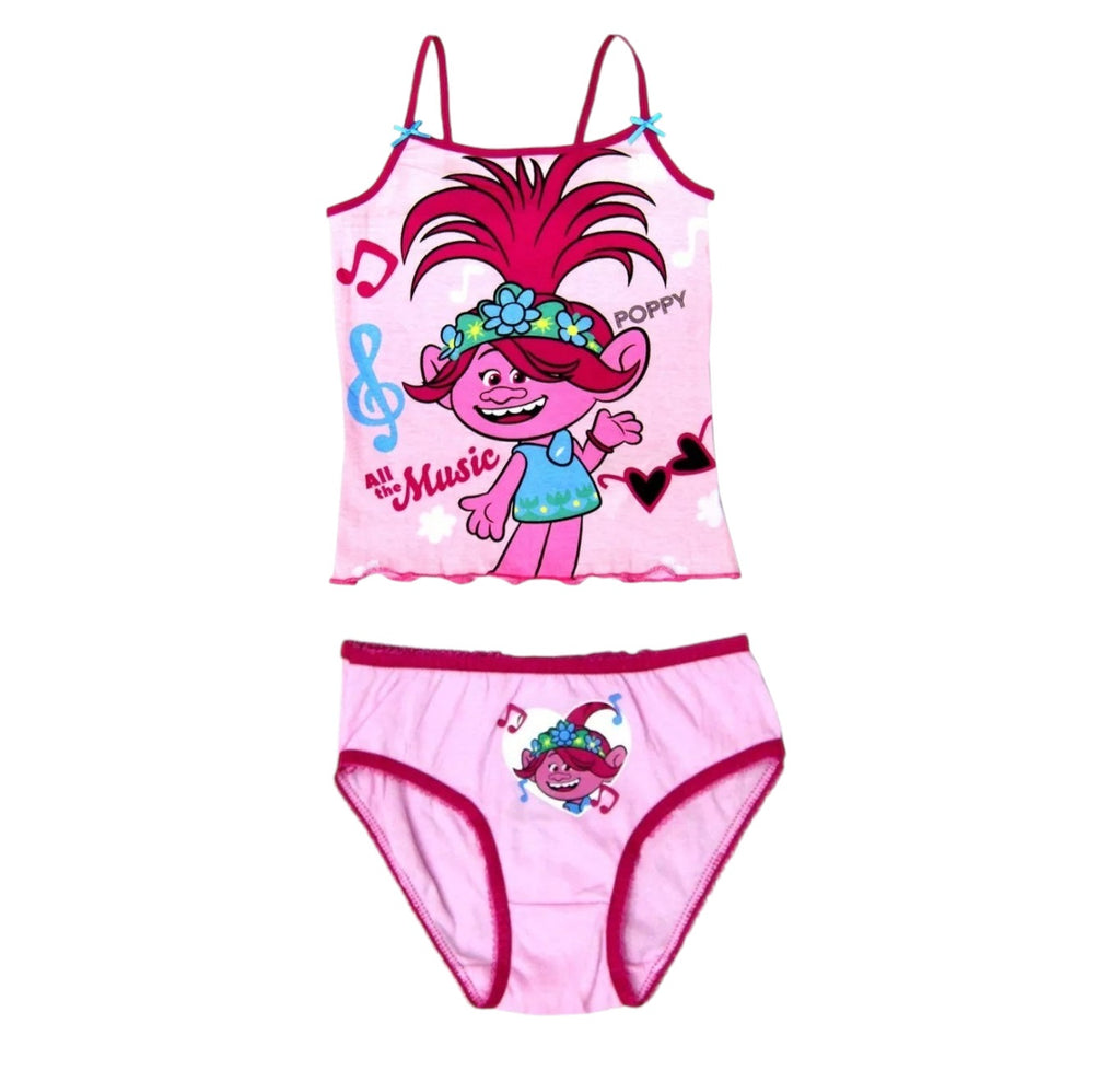 Girls Pink Trolls Soft Cotton 2Pk Sleeveless Vest Cami Top & Matching Brief Sets