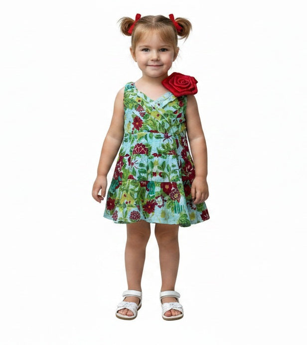 Girls Lime Green Multi Floral Bow Detail Sleeveless Dress. 1-2years