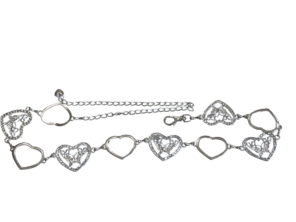 Ladies Silver Chain Crystal Heart Cutout Butterfly Adjustable Waistband Belts