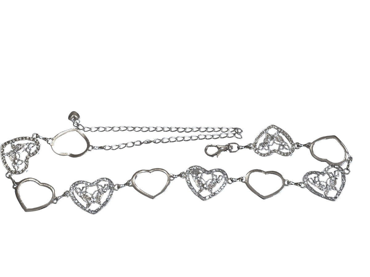 Ladies Silver Chain Crystal Heart Cutout Butterfly Adjustable Waistband Belts