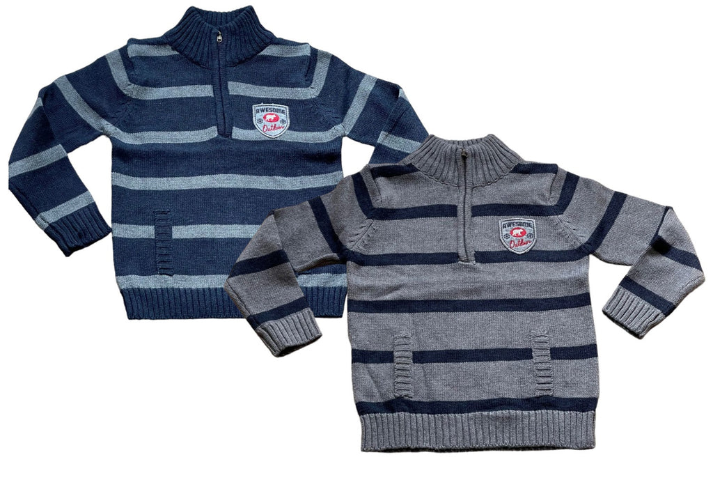 Boys Ribbed High Neck Striped Long Sleeve Half Zip Front Jumpers