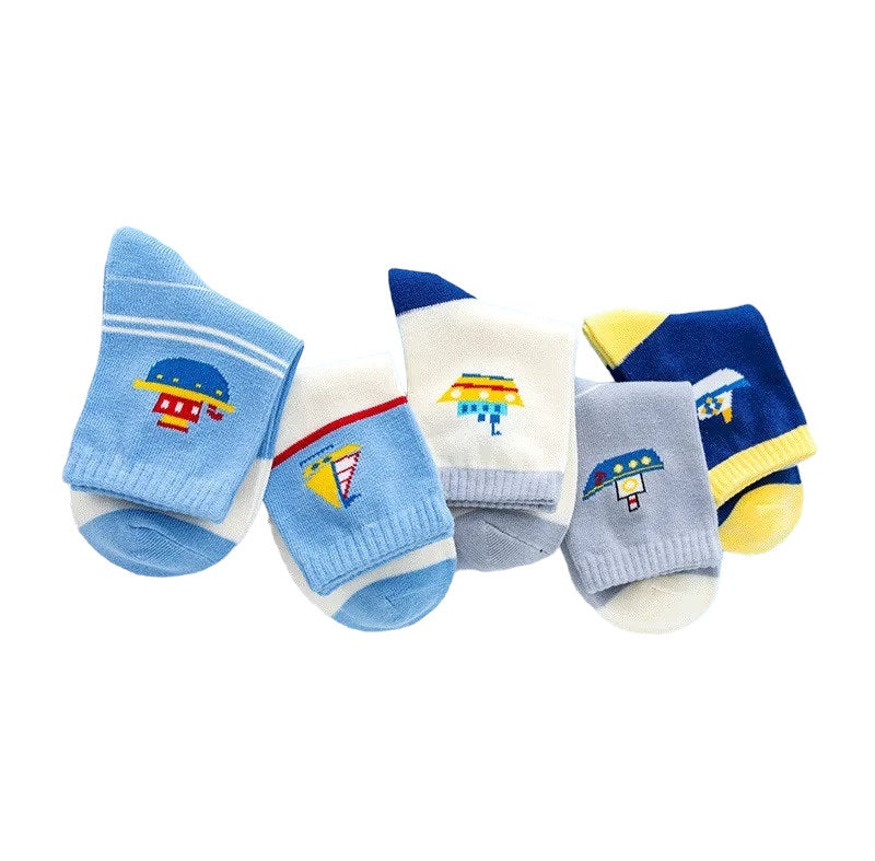 Boys Blue Soft Stripe Sailboat Print 5 Pairs Ankle Socks 4-8y