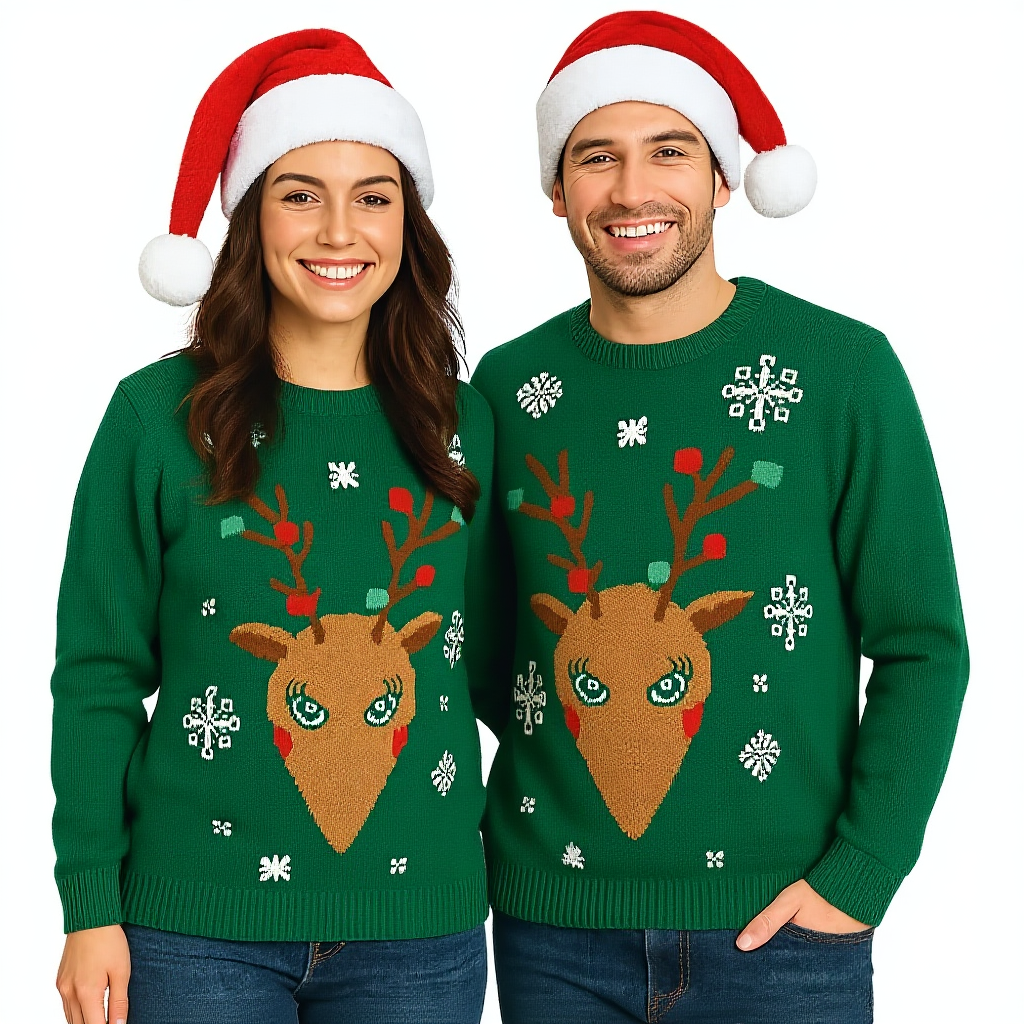 Mens Womens Unisex Green Christmas Reindeer Long Sleeve Festive Knitted Jumpers