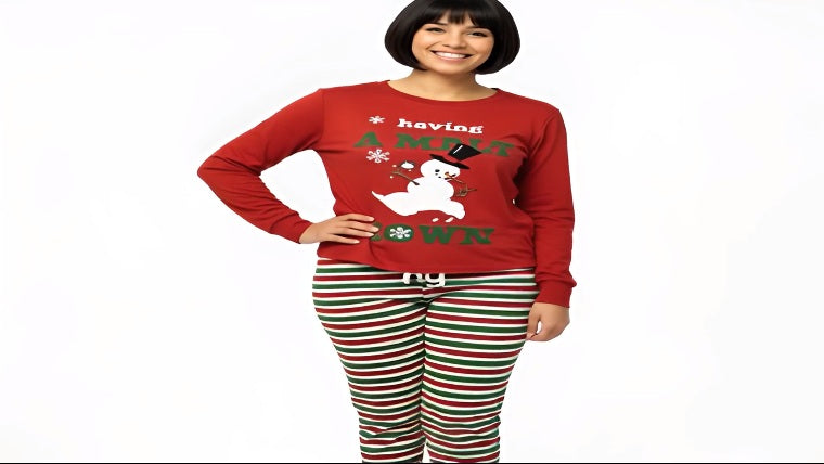 Ladies Melt-Down Snowman Polar Fleece Stripe Bottoms Christmas Pyjama Sets