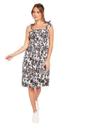 Ladies Black & White Floral Gathered Bodice Cotton Blend Dress