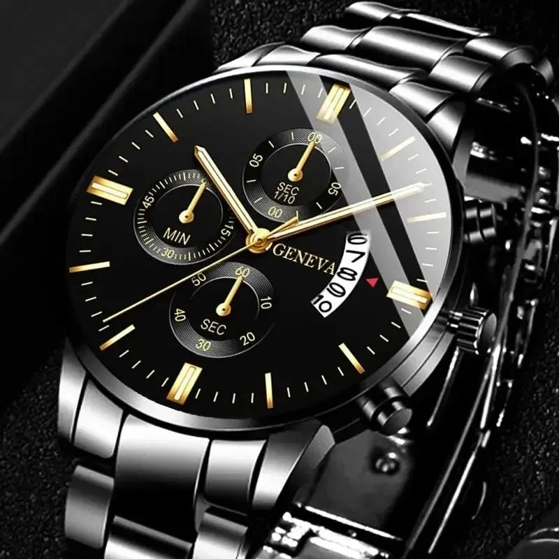 Men Geneva Luxury Black Gold Stainless Steel Calendar Analog Quartz Wrist Watch
