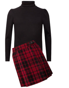 Girls Ribbed High Neck Long Sleeve Top With Plaid Tweed Pleated Skirt Outfit Set
