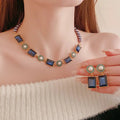 Ladies Blue Green Square Crystals Bead Chain Necklace Earrings 3 Pce Set Choker