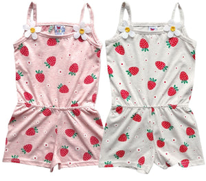 Girls Ivory Pink Strawberry Dot Print Cotton Playsuit