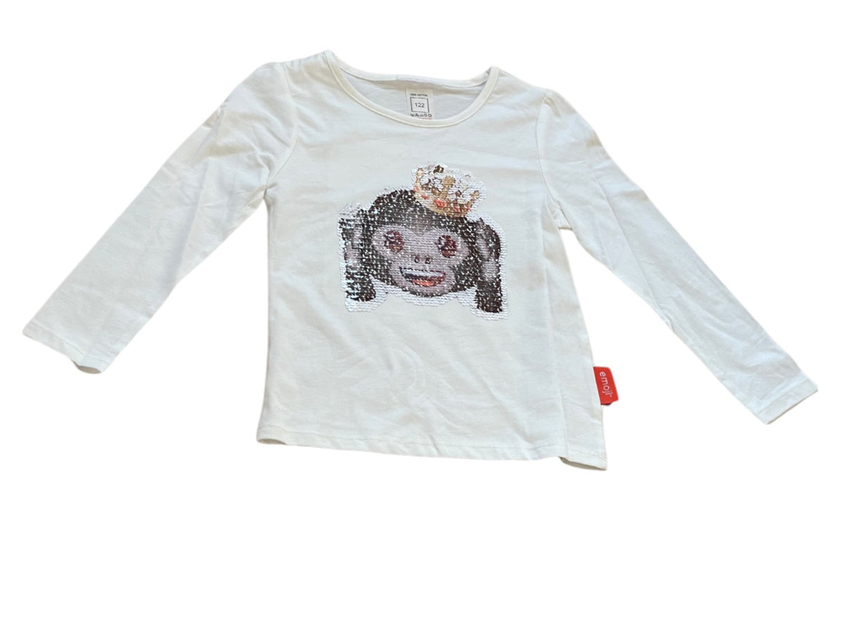 Girls Ivory Emoji Hear No Evil Sequins Cotton Long Sleeve Tunic Tops
