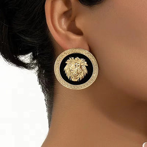Ladies Lion Head Gold Plated Round Drop Stud Earrings