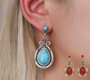 Ladies Ethnic Retro Tibetan Red Turquoise Water Drop Earrings