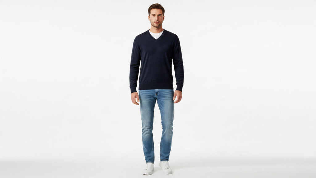 Mens Navy Sacoor Ribbed V Neck Lambswool Blend Pullover Long Sleeve Jumper (L)