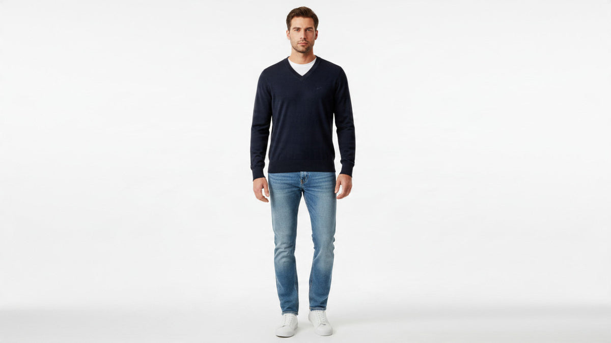 Mens Navy Sacoor Ribbed V Neck Lambswool Blend Pullover Long Sleeve Jumper (L)
