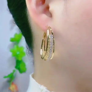 Ladies Gold Oval Luxury Inlaid Mid Crystal Dazzling Hoop Womens Earrings