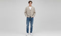 Mens Beige White Trim Cotton Rich V-Neck Longsleeve Cardigan