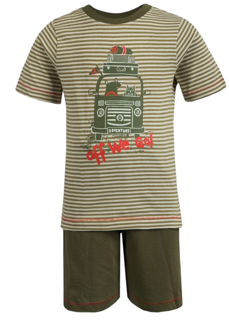 Boys Baby Toddlers Khaki Off We Go camper print Stripe Cotton Shorts Pyjamas