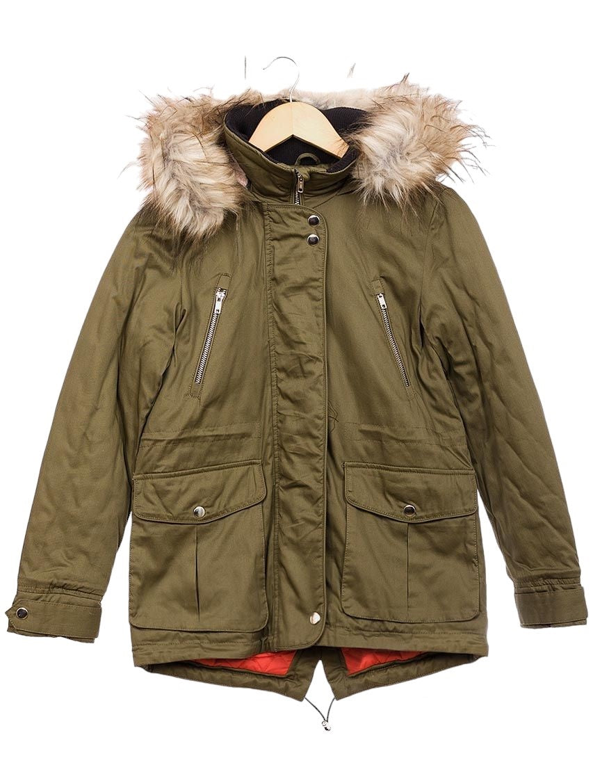 Girls Olive Green Detachable Furry Trim Hood Parka School Jacket Winter Coats