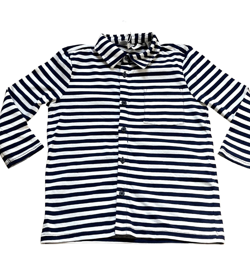 Boys White & Navy Stripe Cotton Collared Button Down T-Shirt
