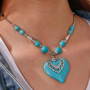 Ladies Silver Turquoise Beads Heart Pendant & Ring Set