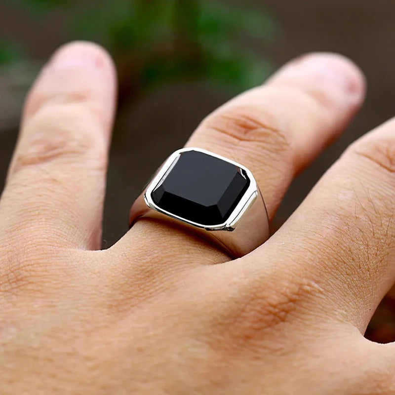Mens Silver Stainless Steel Square Inlay Black Agate Stone Thick Band Ring