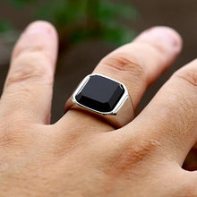Load image into Gallery viewer, Mens Silver Stainless Steel Square Inlay Black Agate Stone Thick Band Ring
