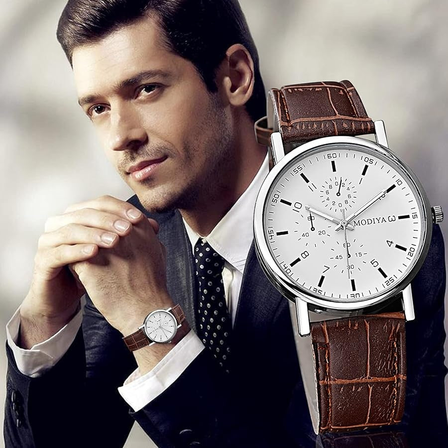 Mens Brown Leather Strap Creative Chronograph Analog Quartz Belt Wrist Watches