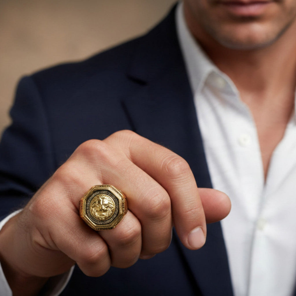 Mens Gold Plated Octagon Lion Head Great Wall Cut Design Stainless Steel Ring