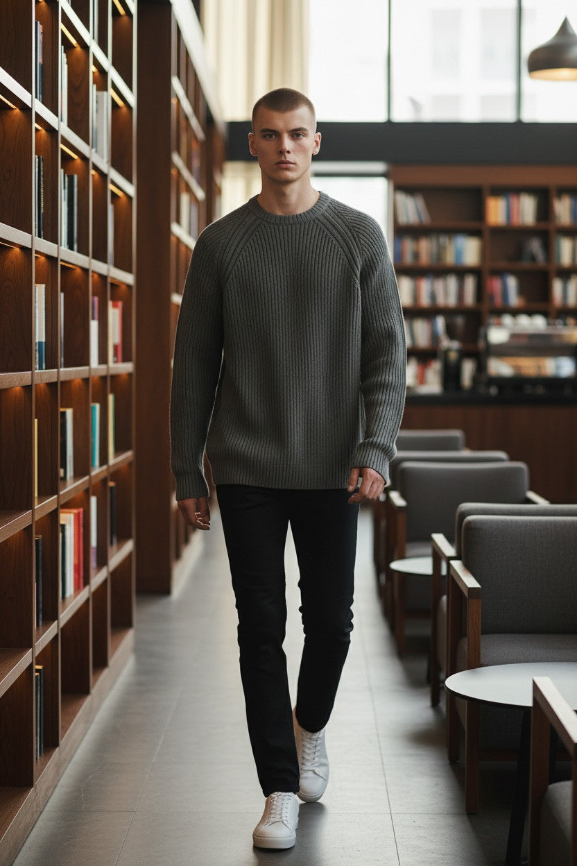 Mens Khaki Ribbed Crew Neck Cotton Rich Ribbed Knit Longsleeve Pullover Jumper M