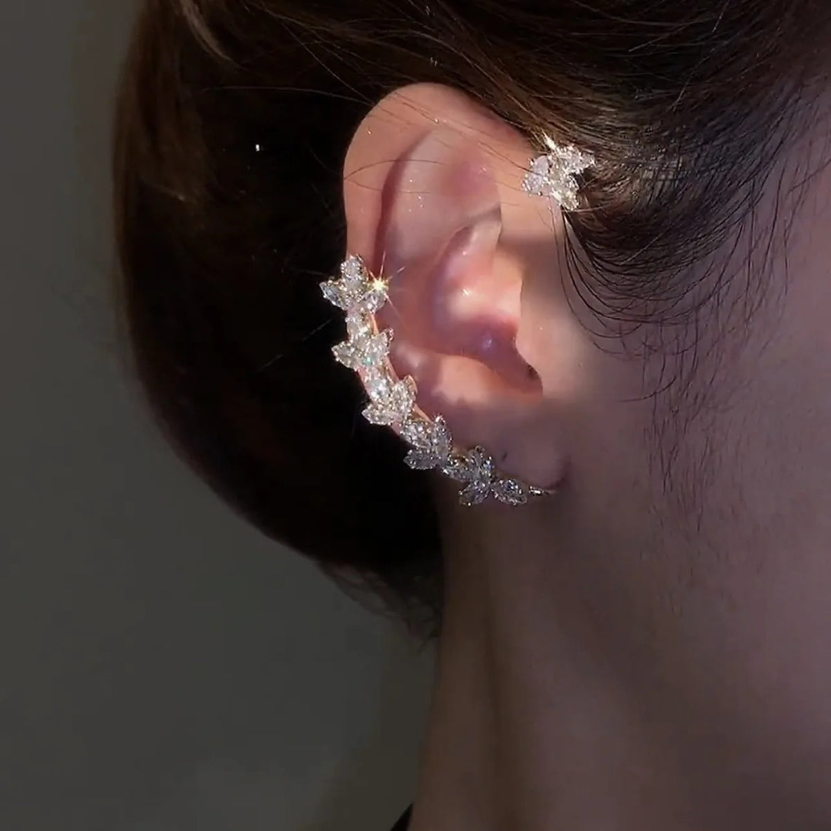 Ladies Silver Zircon Flower Leaves Crystal Clip Cuff Stud Drop Womens Earrings