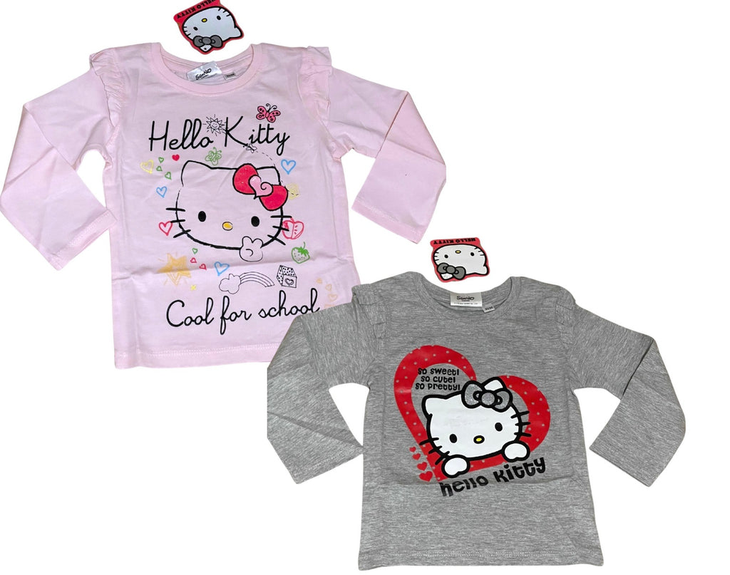 Girls Hello Kitty Pink Grey Cotton Frill Shoulder Long sleeve Casual Blouse Tops