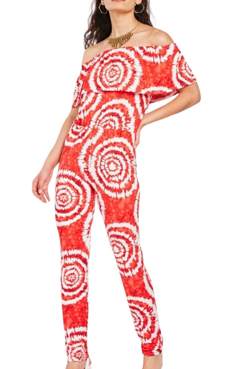 Ladies Red & White Patterned Off Shoulder Jumpsuit