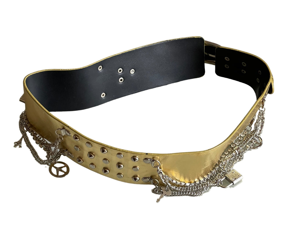 Ladies Gold Classic Wide Faux Leather Metallic Studded & Drop Chain Crystal Belt
