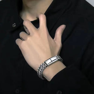Mens Silver Stainless Steel Double Row Braid Magnetic Buckle Bracelets