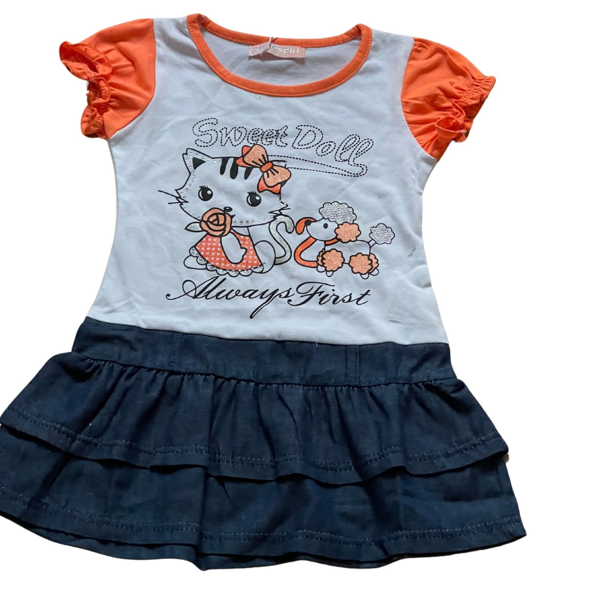 Girls Orange & White Sweet Doll Print Layered Frill Hem Cap Sleeve + Belt Dress